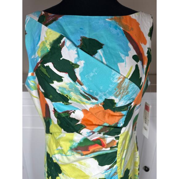 London Times Watercolor Print Ruched Sleeveless Dress Sz 12 Wrap Cotton Colorful - Picture 2 of 12